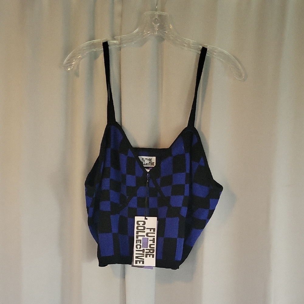 Future Collective Women's Black and Blue Checkered Tank Top